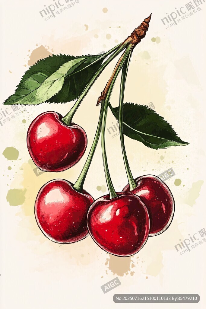 水彩風紅櫻桃插畫