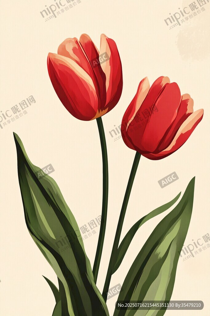 兩朵嬌艷紅色郁金香插畫