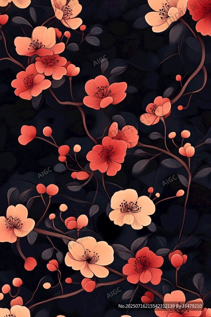 黑色背景上的絢爛花卉圖案