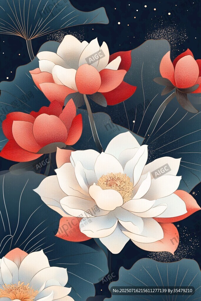 夜下荷花綻放圖景