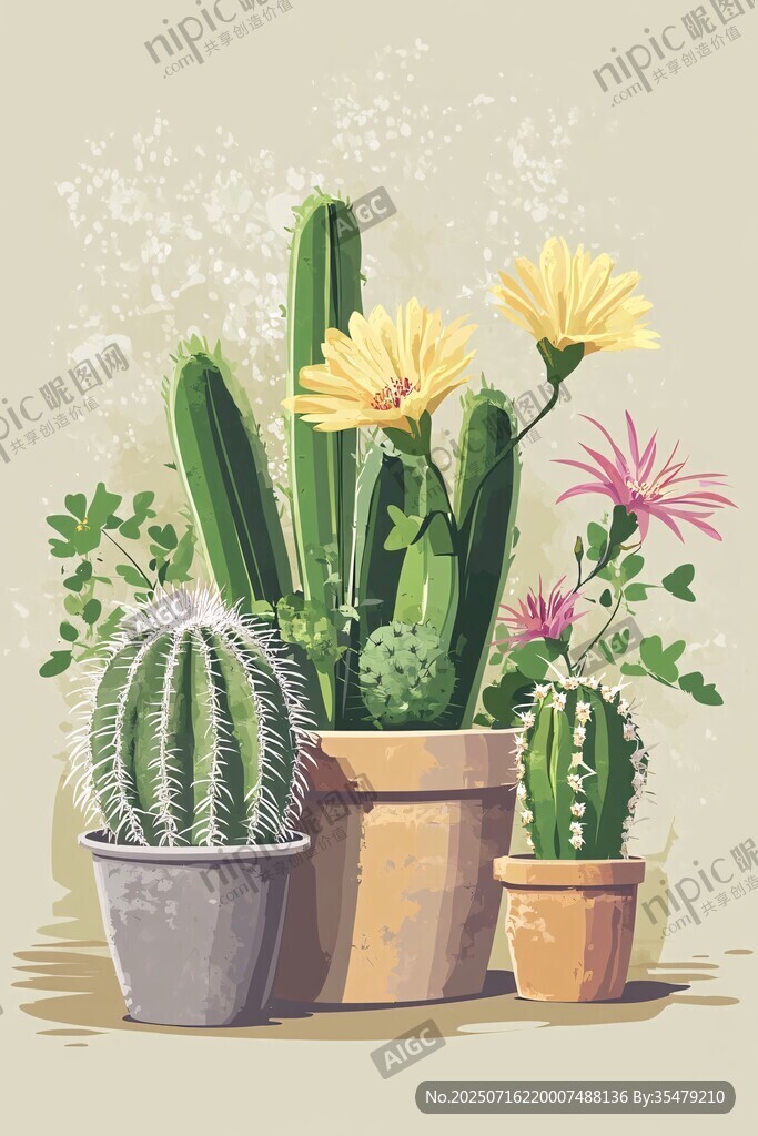 可愛仙人掌盆栽插畫