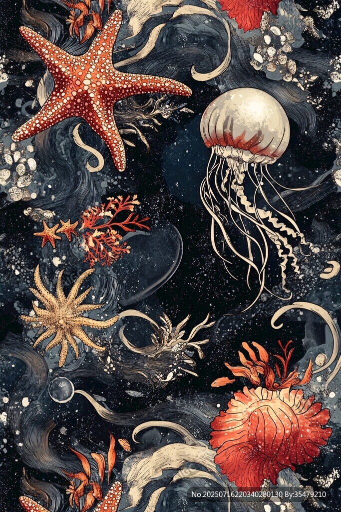 夢幻海底生物圖案插畫