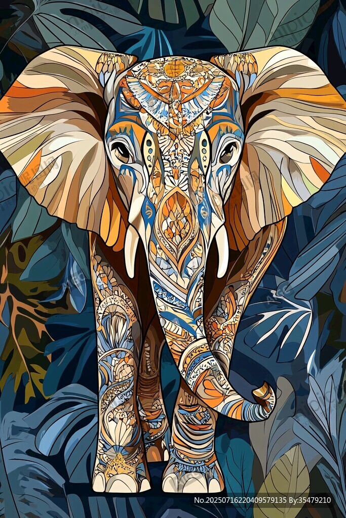 彩色花紋大象插畫