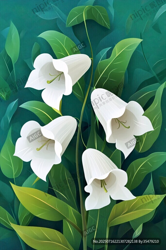清新白鈴蘭與綠葉插畫