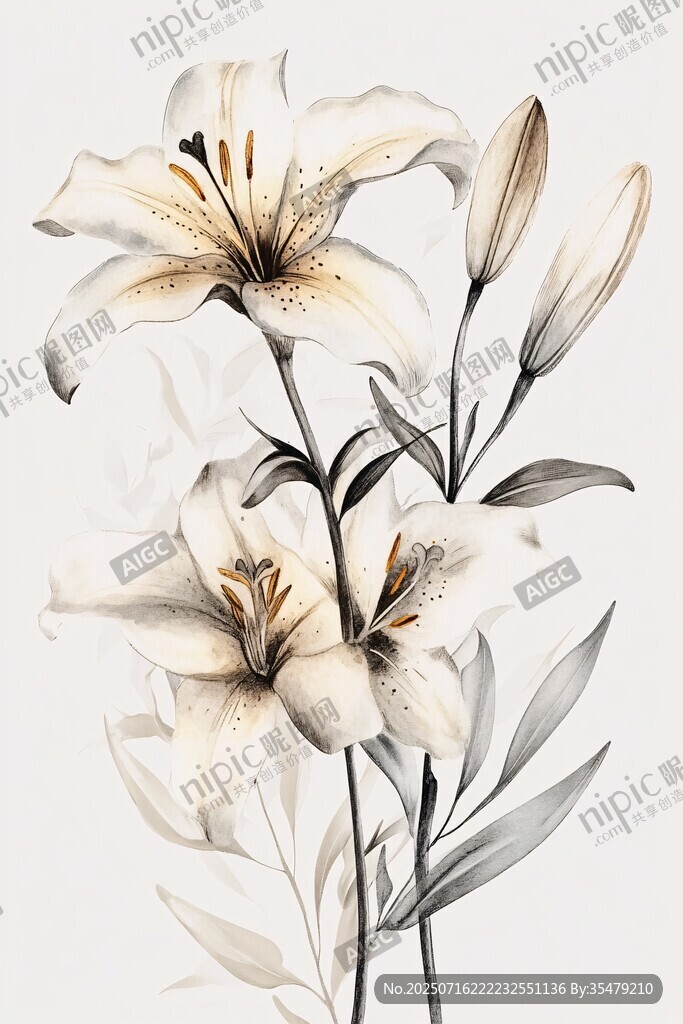 優(yōu)雅白色百合花插畫
