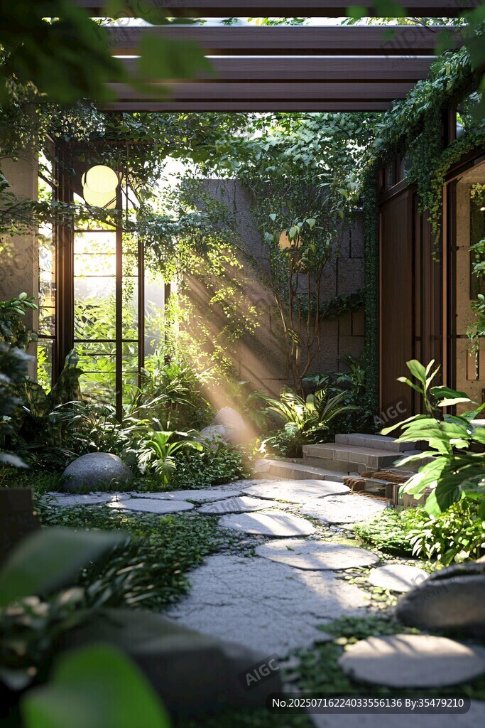 陽光灑落的靜謐綠植庭院