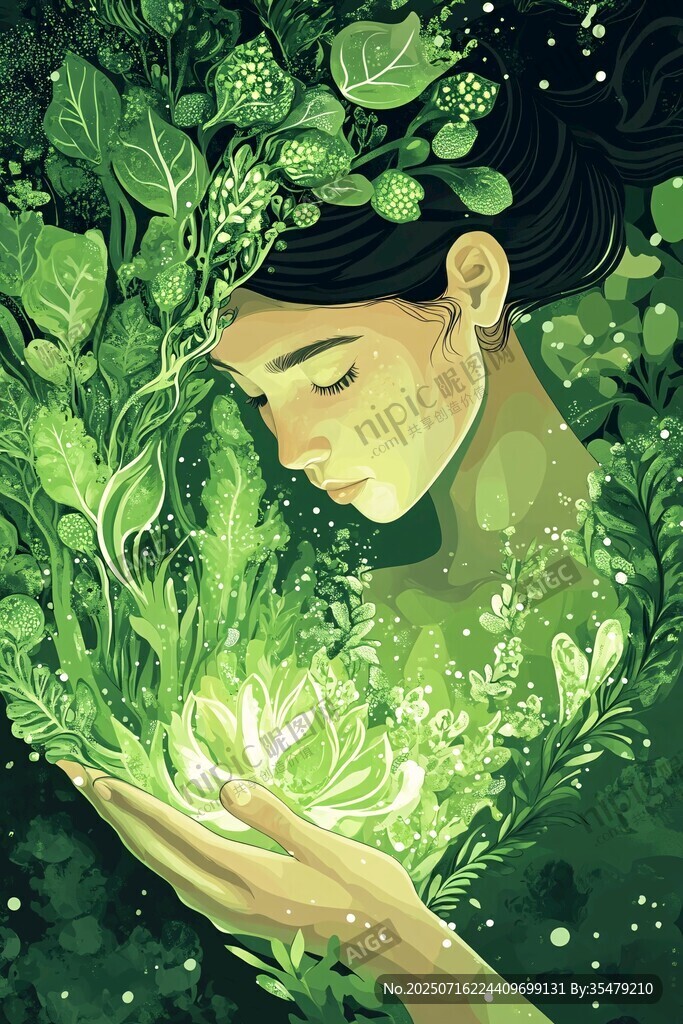 綠意少女捧持神秘發(fā)光植物