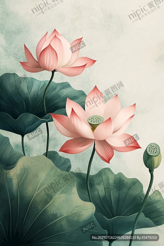 水墨風(fēng)盛開(kāi)荷花與荷葉