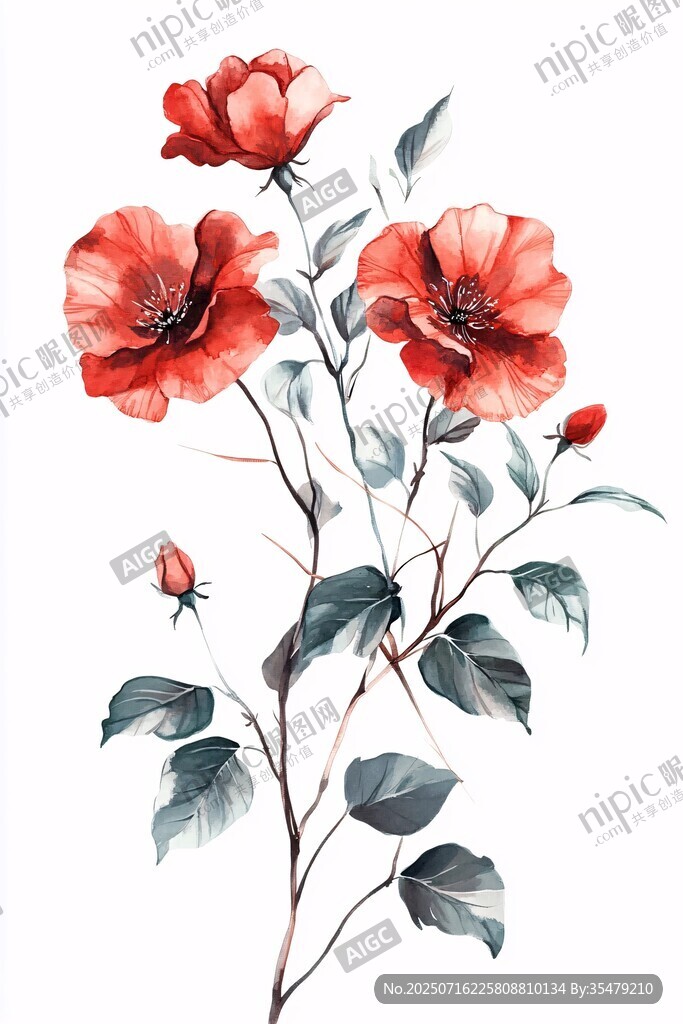 紅色花卉水彩插畫