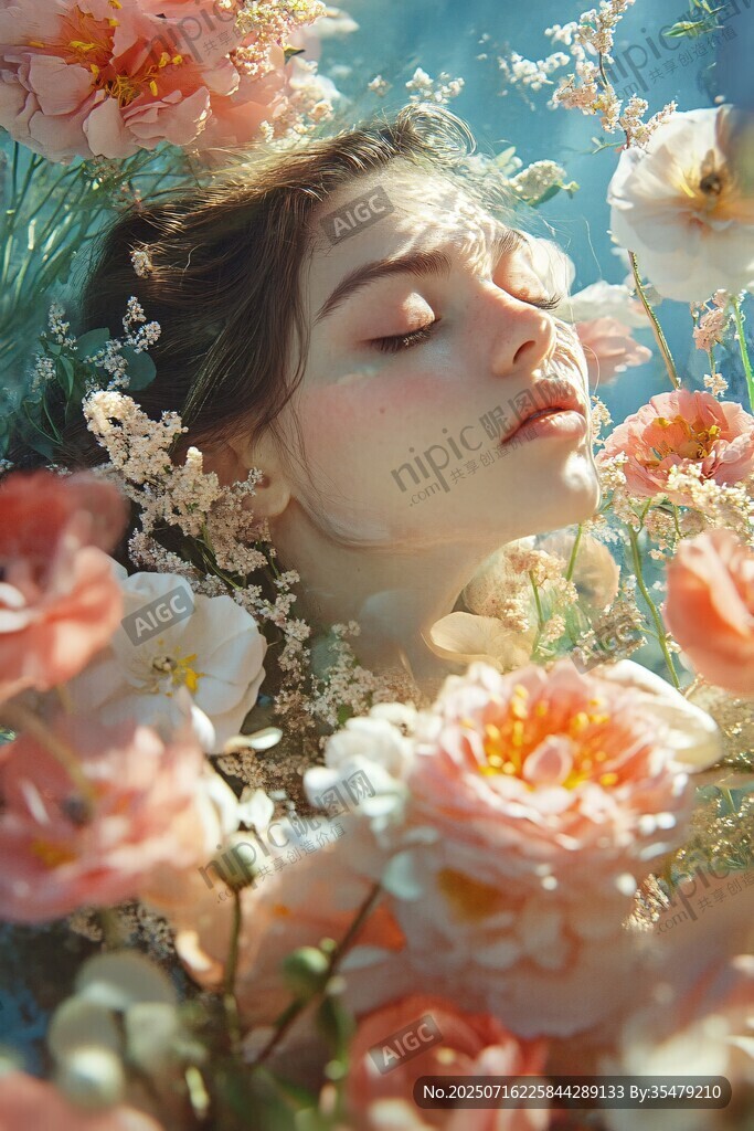 夢(mèng)幻花叢中的閉眼美少女