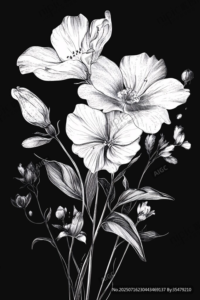 黑白花卉手繪插畫