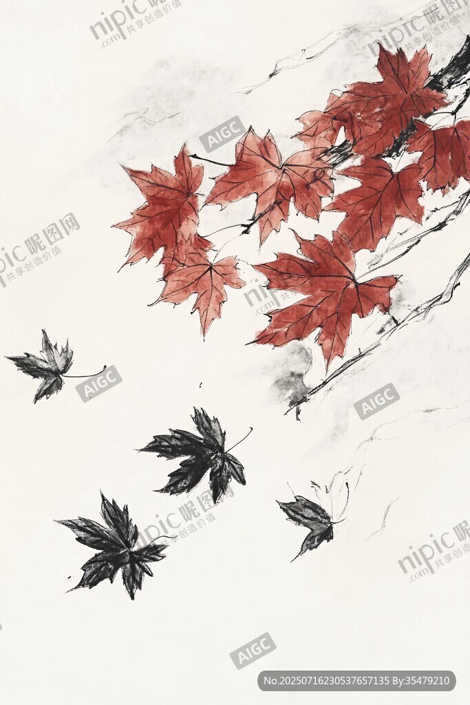 水墨紅葉飄飛圖
