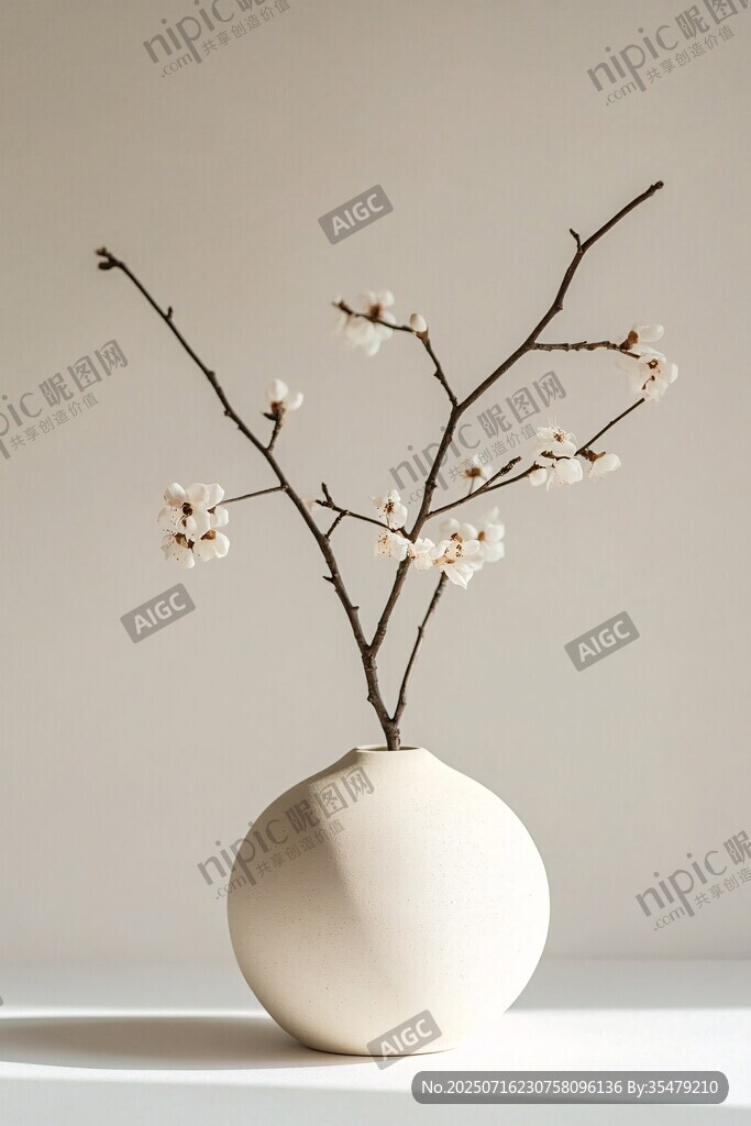 簡(jiǎn)約白瓶插幾枝素雅春花