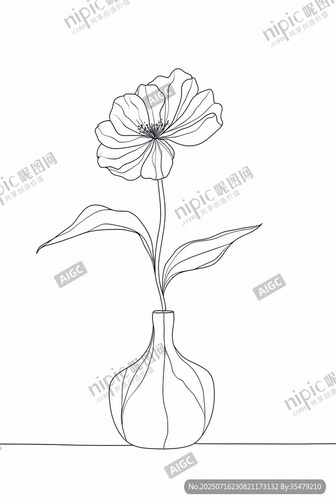 花瓶中綻放的單線條花朵