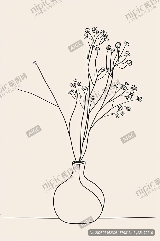 花瓶插花單線條簡約插畫