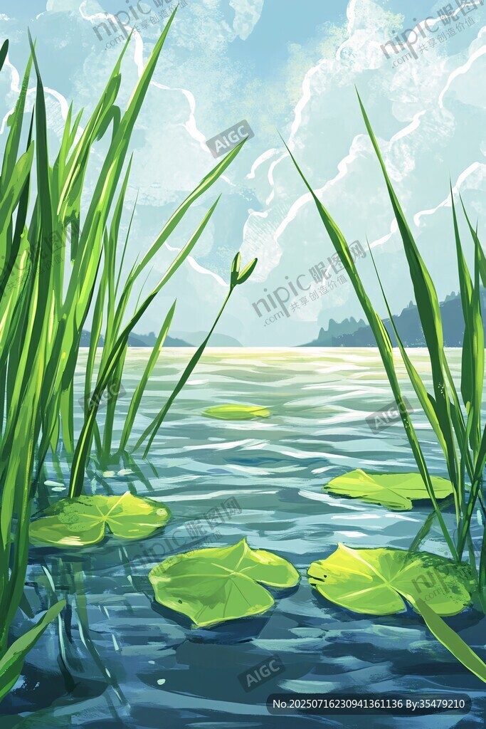 湖畔水草與荷葉的清新景致