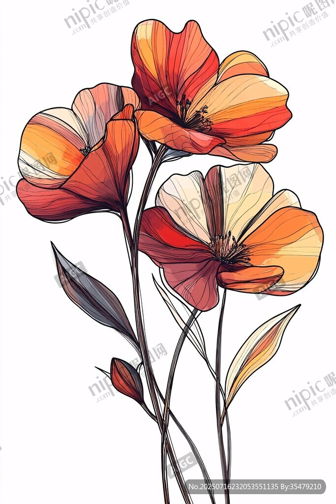 三色絢麗花朵插畫