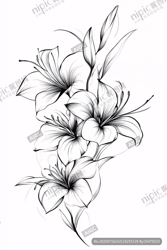 手繪百合花黑白線稿圖案