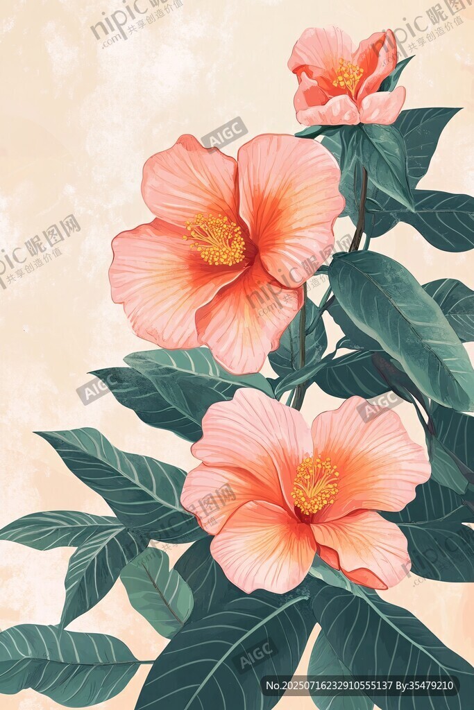 粉色木槿花插畫