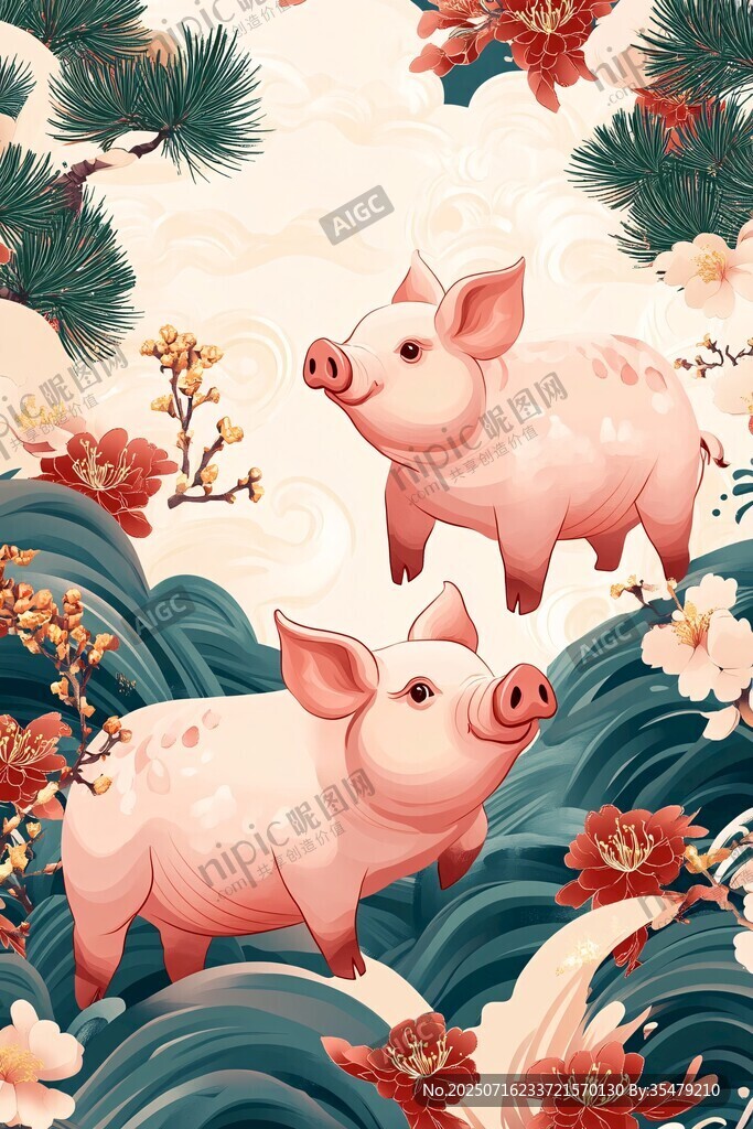 雙豬賀春 花卉松枝伴祥瑞