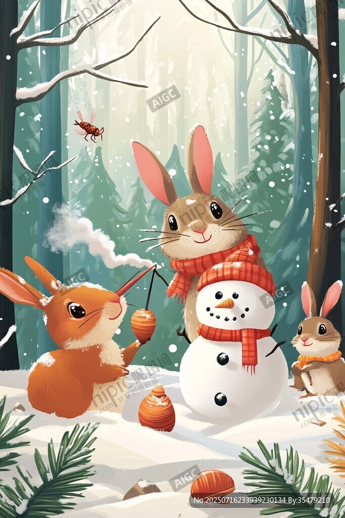 雪地萌兔歡樂堆雪人