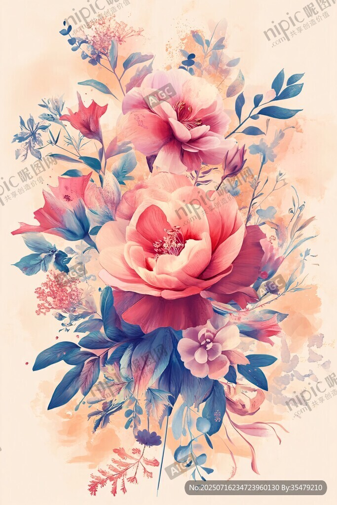 夢幻手繪花卉插畫
