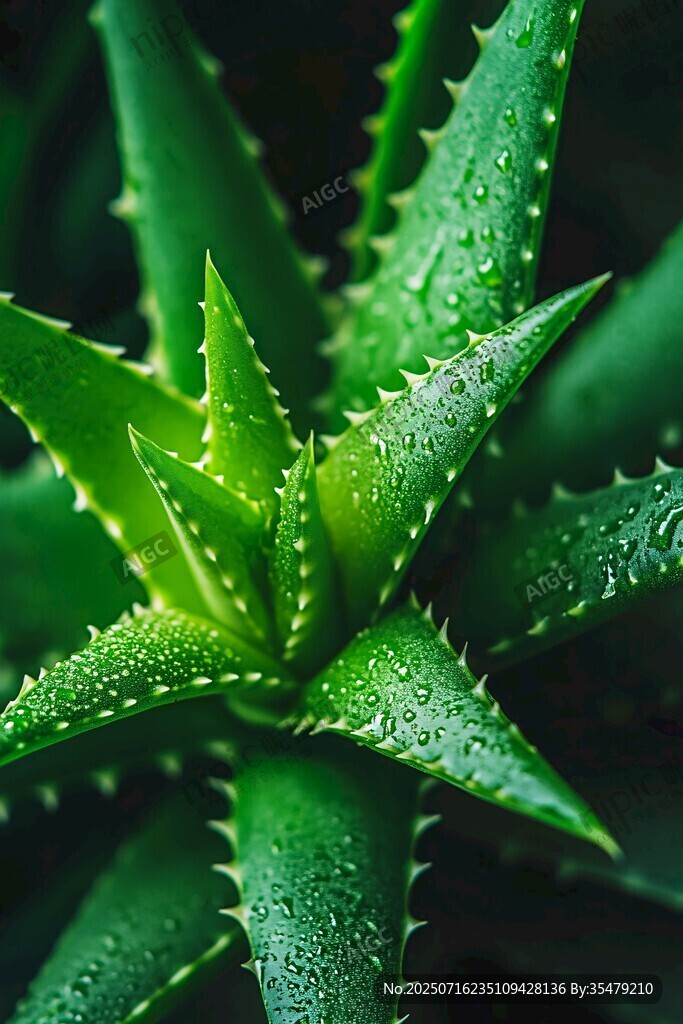 帶水珠的翠綠蘆薈植物