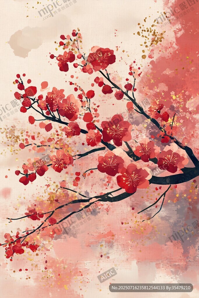 水墨紅梅圖
