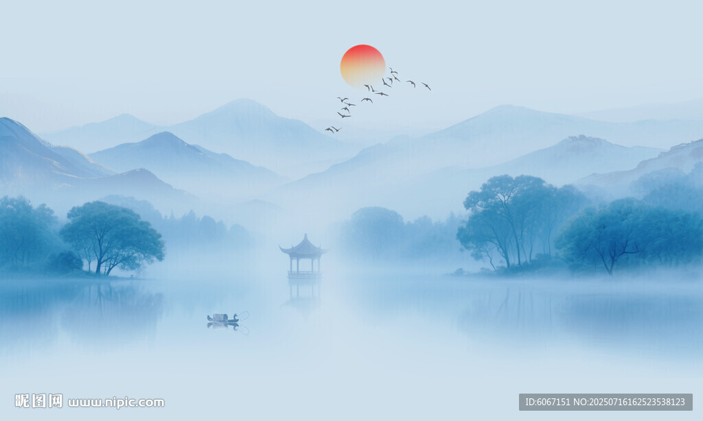 新中式意境水墨山水畫背景墻壁紙