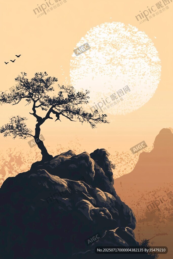 孤松傲立夕陽山景圖