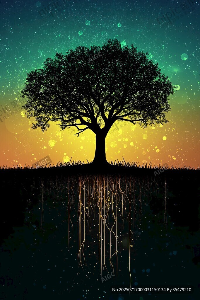 夢幻星空下的孤獨大樹