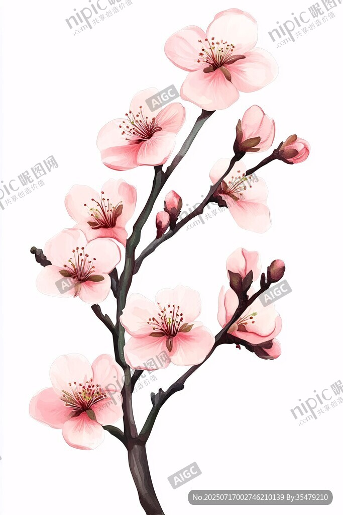 水墨風(fēng)粉色桃花枝插畫