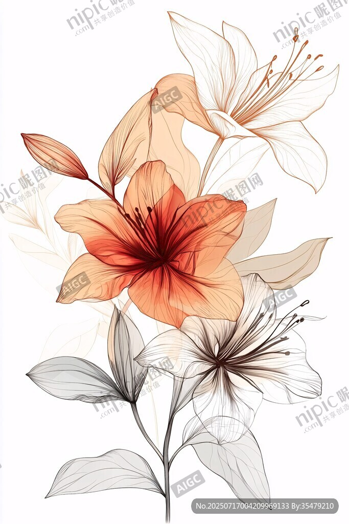 橙白百合花插畫