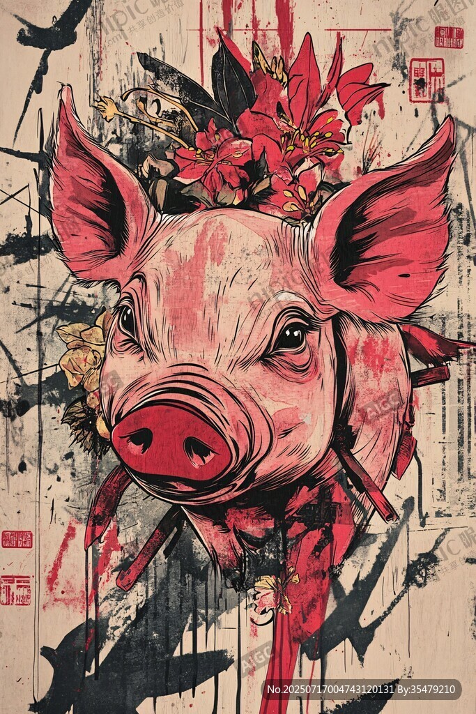 插畫風(fēng)格的粉色豬頭花卉圖