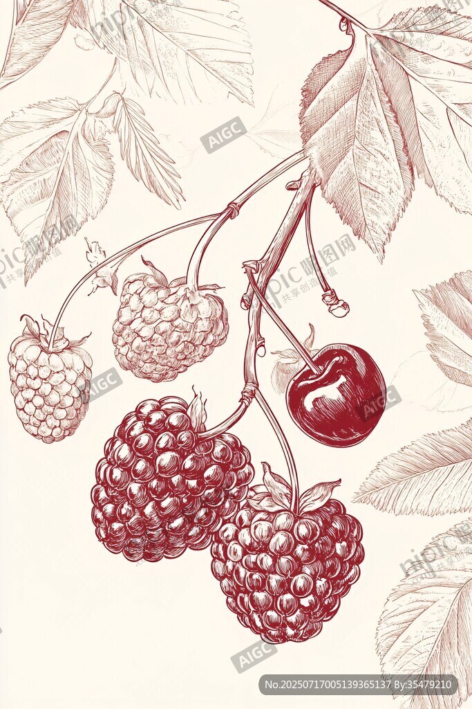 手繪枝頭漿果與櫻桃