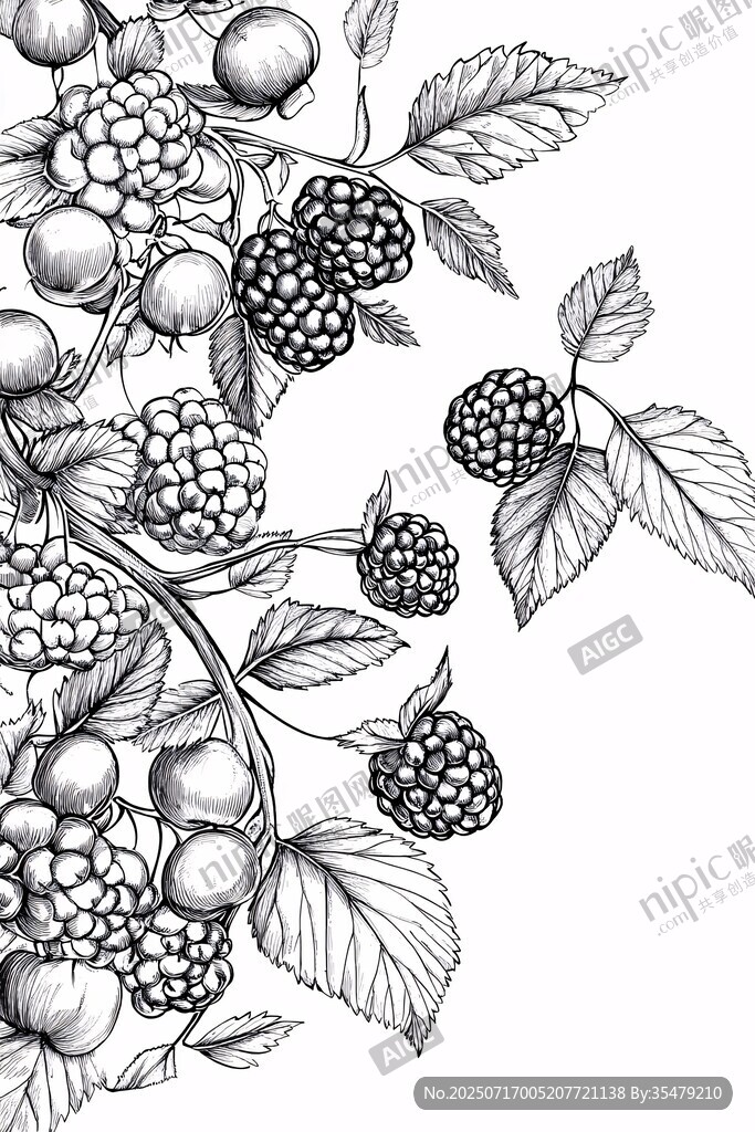 手繪黑莓與枝葉插畫(huà)