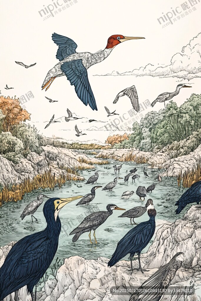 群鳥棲息于河畔自然圖景
