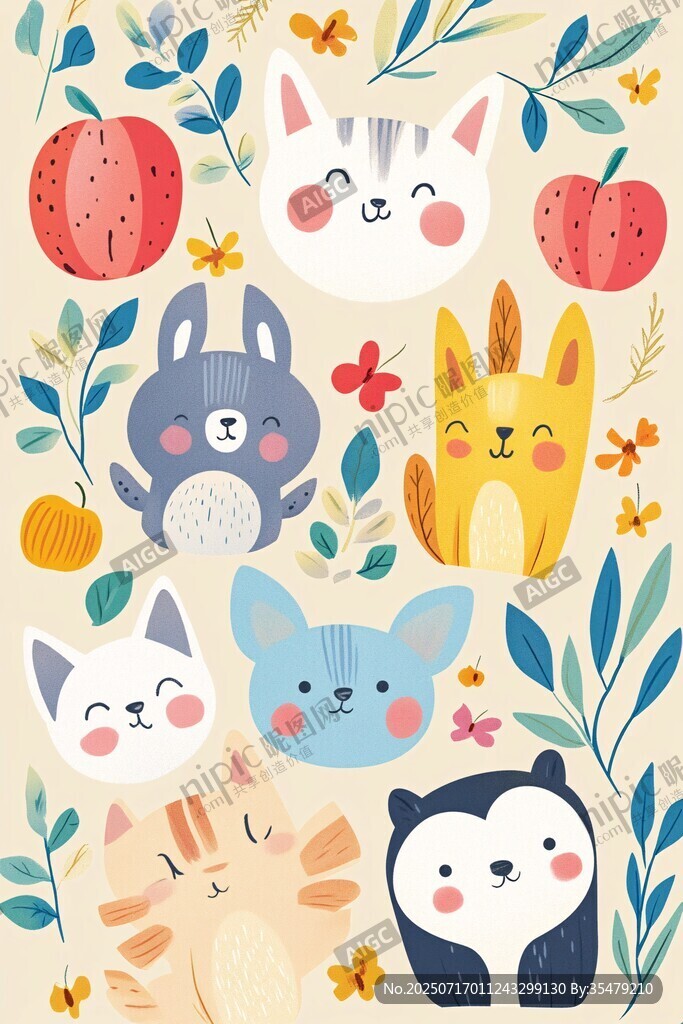 可愛動物與果蔬花卉插畫