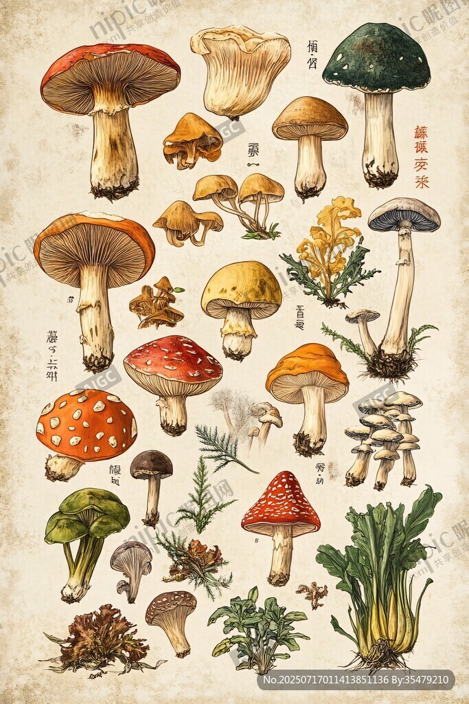 復(fù)古風(fēng)手繪多彩蘑菇圖鑒