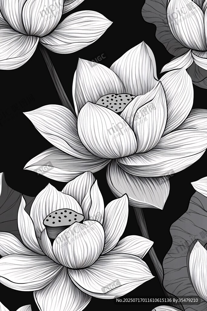 黑白手繪蓮花圖案背景