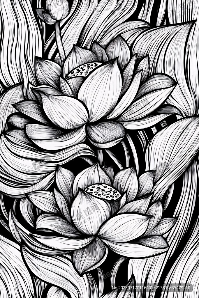 黑白蓮花線條藝術(shù)插畫