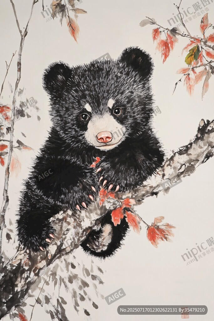 水墨小熊棲于紅葉枝頭