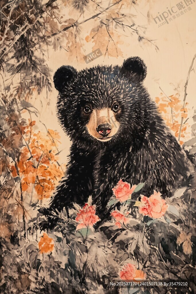 林中黑熊伴繁花