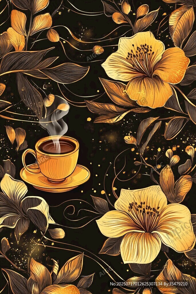 咖啡與繁花的夢幻插畫