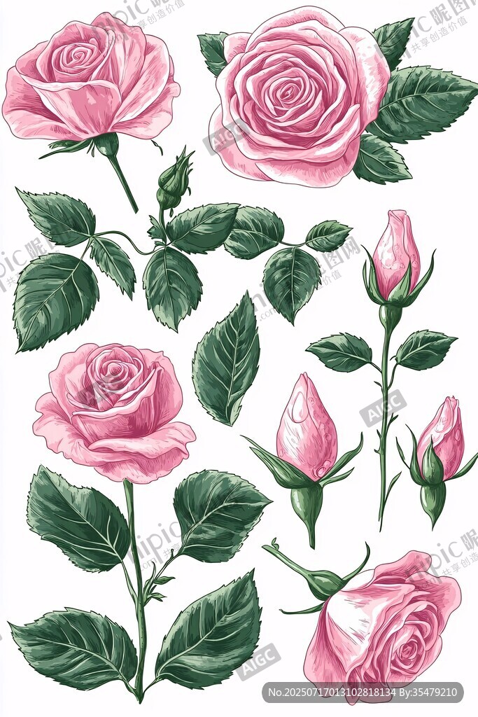 粉色玫瑰花卉插畫素材