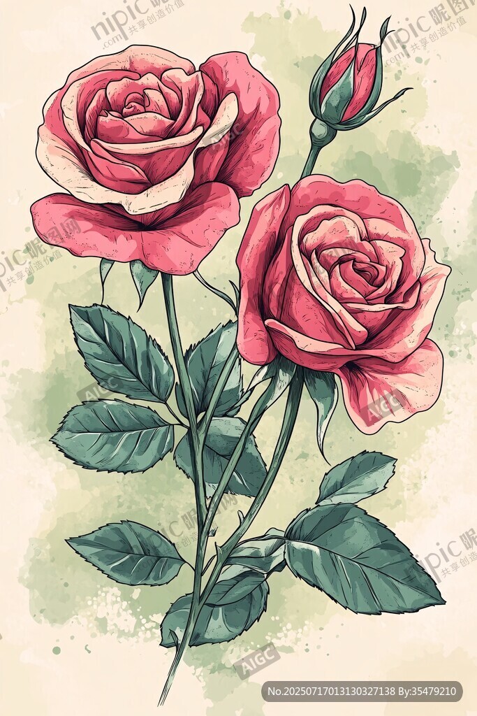 手繪粉色玫瑰花插畫
