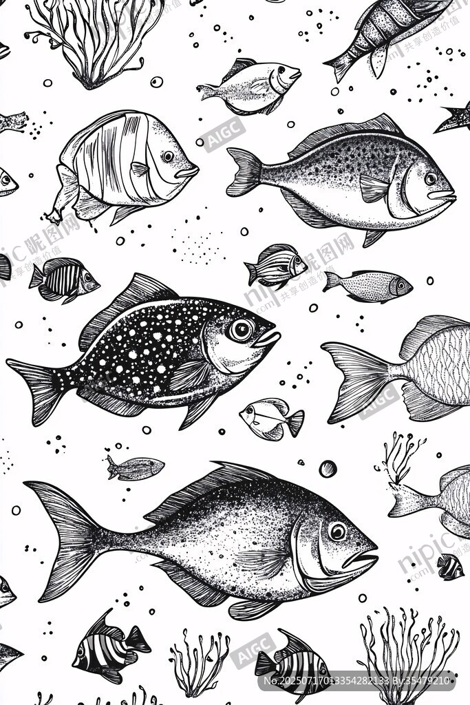 海洋魚(yú)類(lèi)手繪無(wú)縫圖案