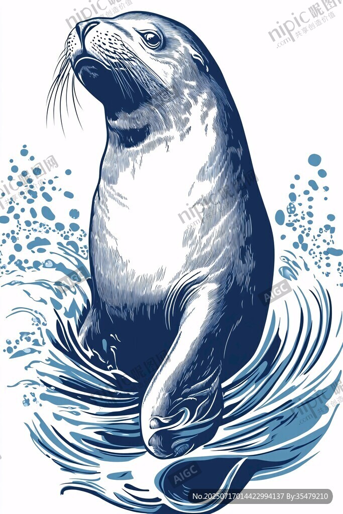 海獅躍出水面插畫圖