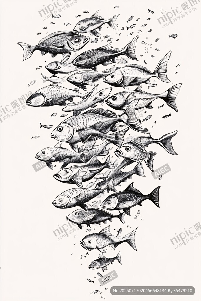 魚群游動黑白插畫