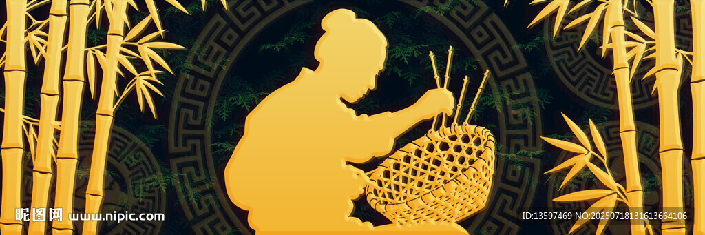 竹林間的古典持扇人物剪影